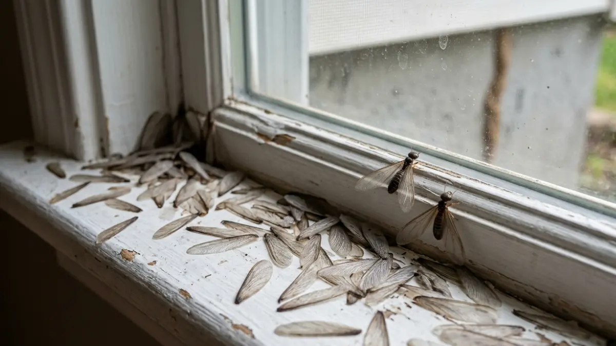 Signs of Termites shown by winged termites and piles of shed wings collected on an indoor windowsill