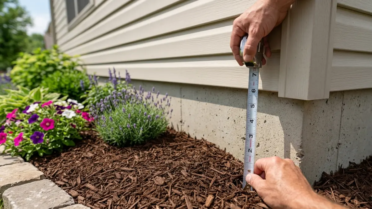 Measuring mulch clearance below house siding to maintain a visible foundation inspection gap