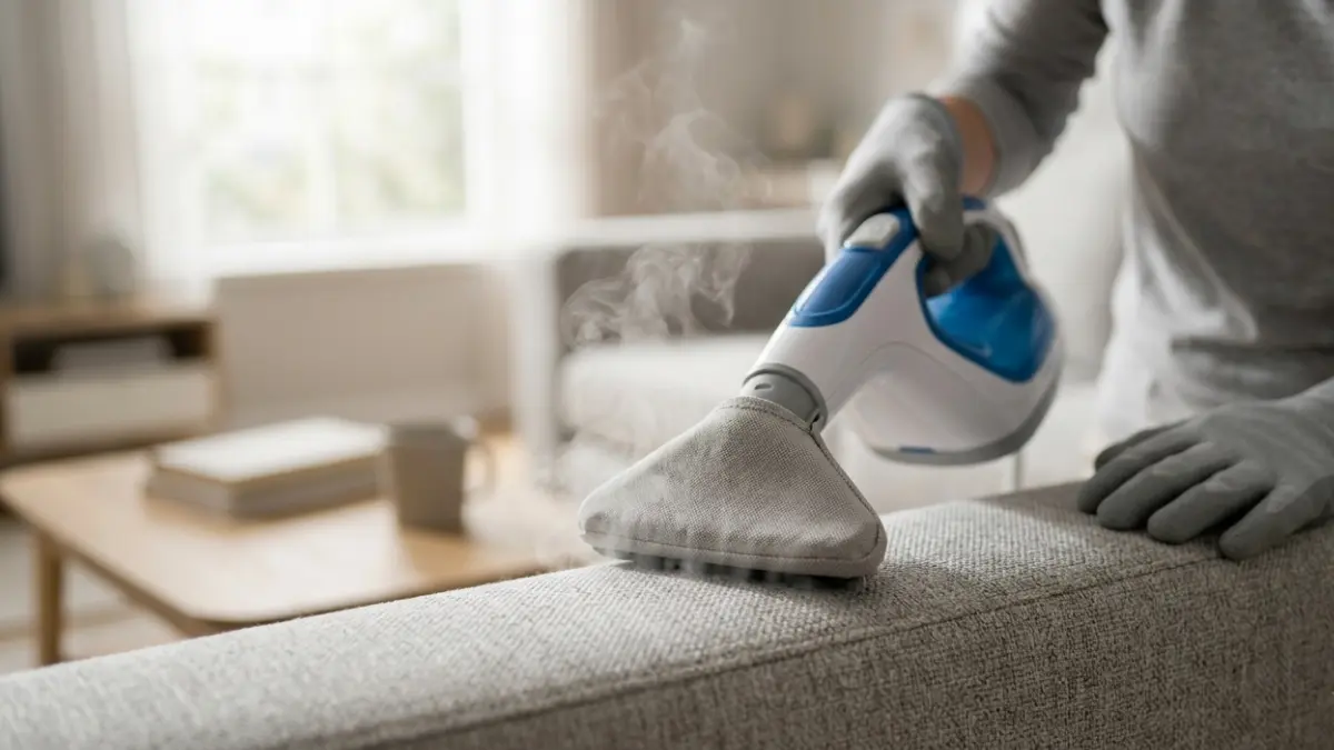 Bed Bugs treatment using a handheld steam cleaner on upholstered couch seams