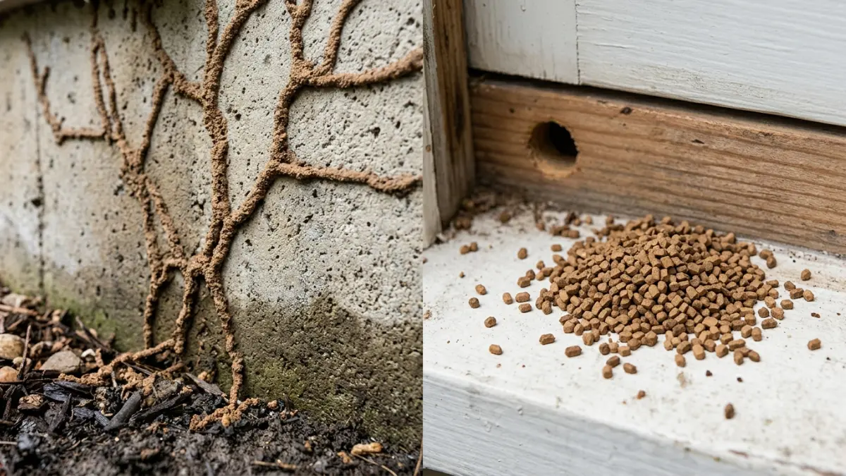 Subterranean termite mud tubes beside drywood termite frass pellets for easy visual identification