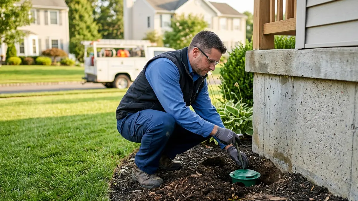 Subterranean termite treatment with a professional installing an in-ground bait station beside a home's foundation
