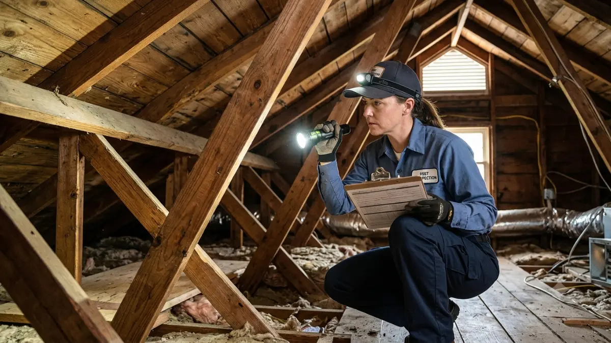 Subterranean termite inspection performed by a licensed professional examining wooden roof framing