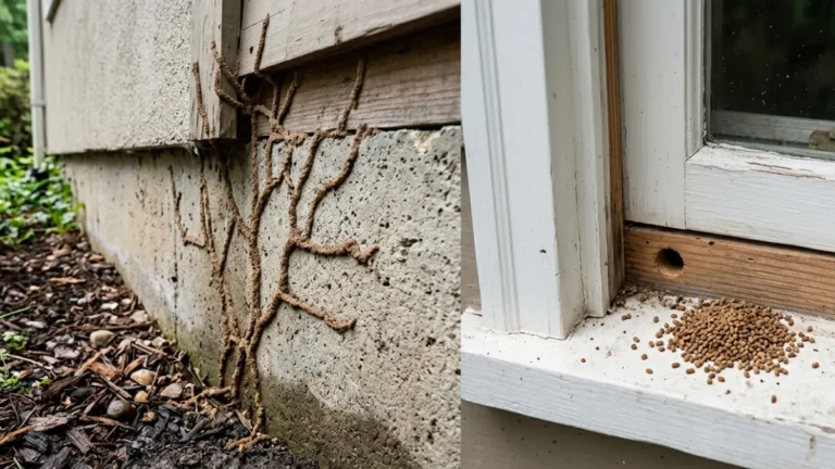 Subterranean vs drywood termites comparison showing mud tubes on a foundation and drywood frass on a wooden windowsill