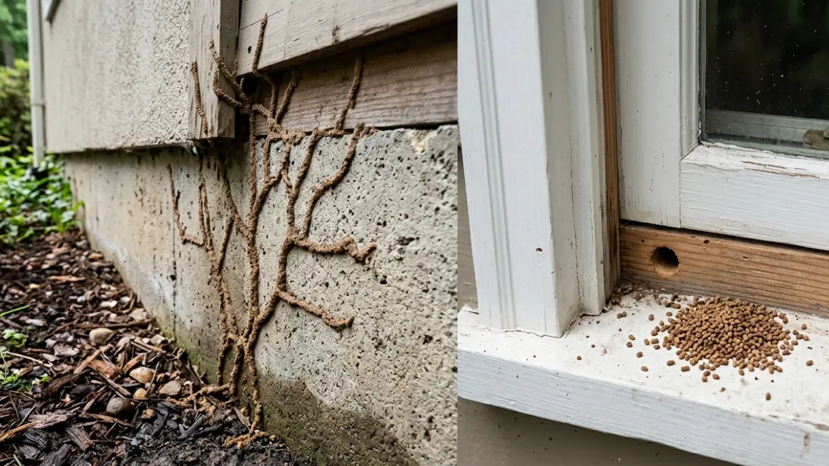 Subterranean vs drywood termites comparison showing mud tubes on a foundation and drywood frass on a wooden windowsill