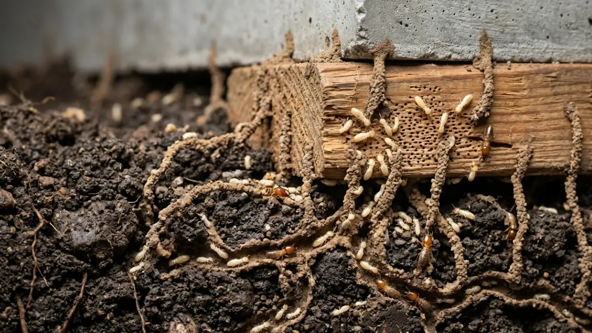 Termite Bait helping eliminate a subterranean termite colony beneath a home's foundation through underground bait stations