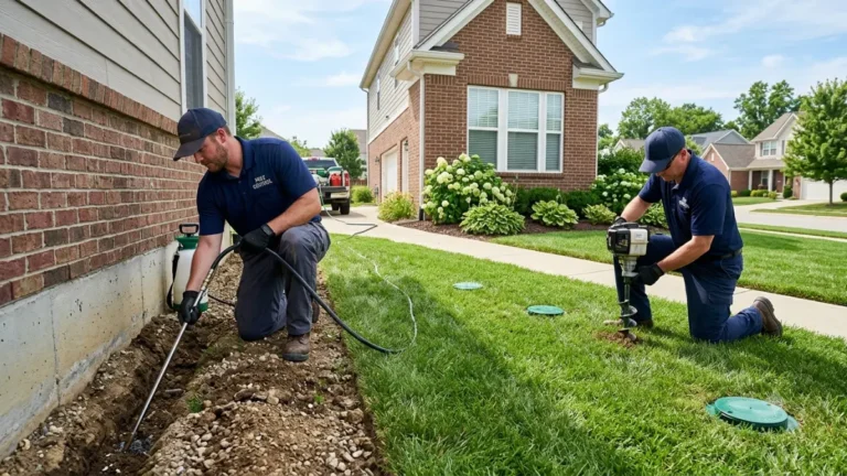 Termite Bait vs liquid termite treatment being professionally installed around a residential home's foundation by licensed pest control technicians
