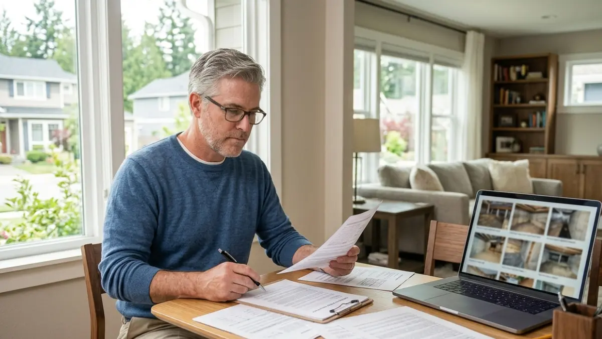 Homeowner carefully reading a termite bond contract before signing while reviewing inspection documents