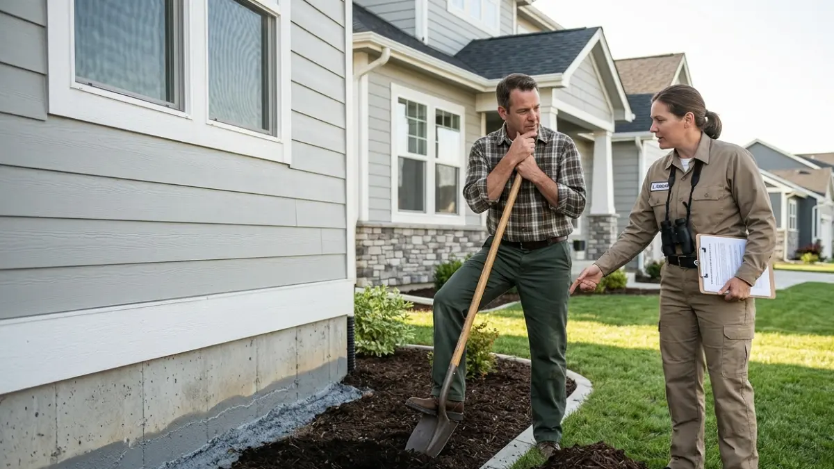 Homeowner performing landscaping near the foundation that could affect termite bond coverage during property maintenance