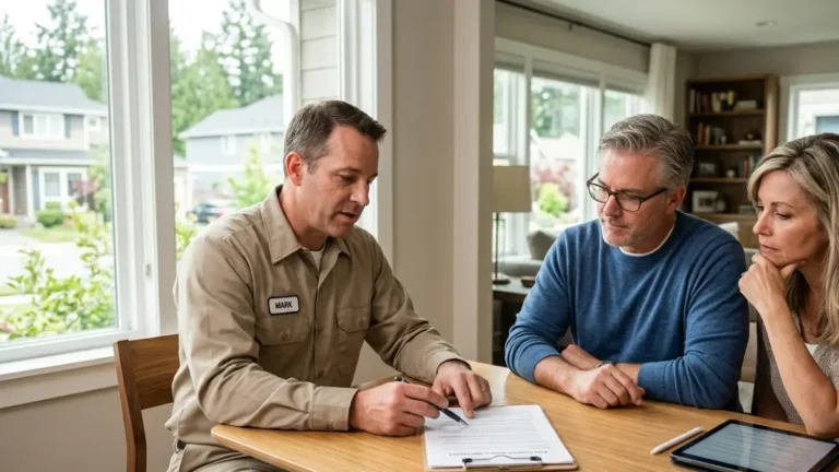 Homeowners reviewing a termite bond agreement with a licensed pest control inspector before signing a service contract