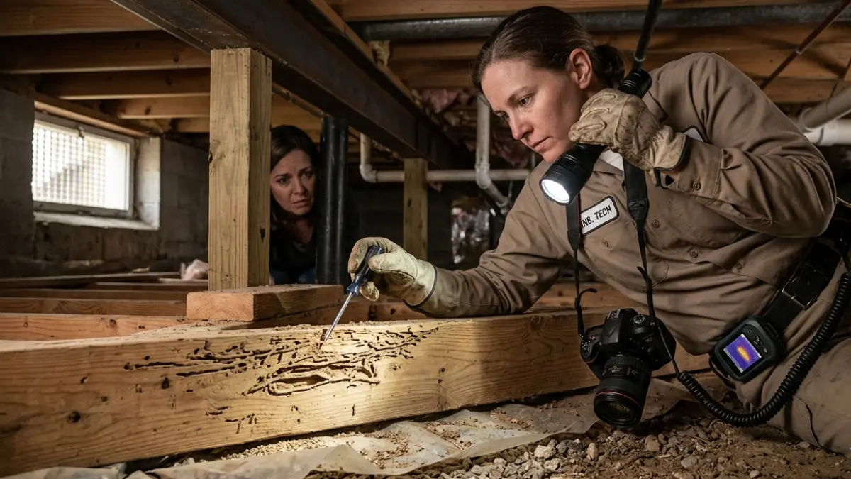Licensed pest inspector documenting termite bond repair claim evidence during a structural wood inspection