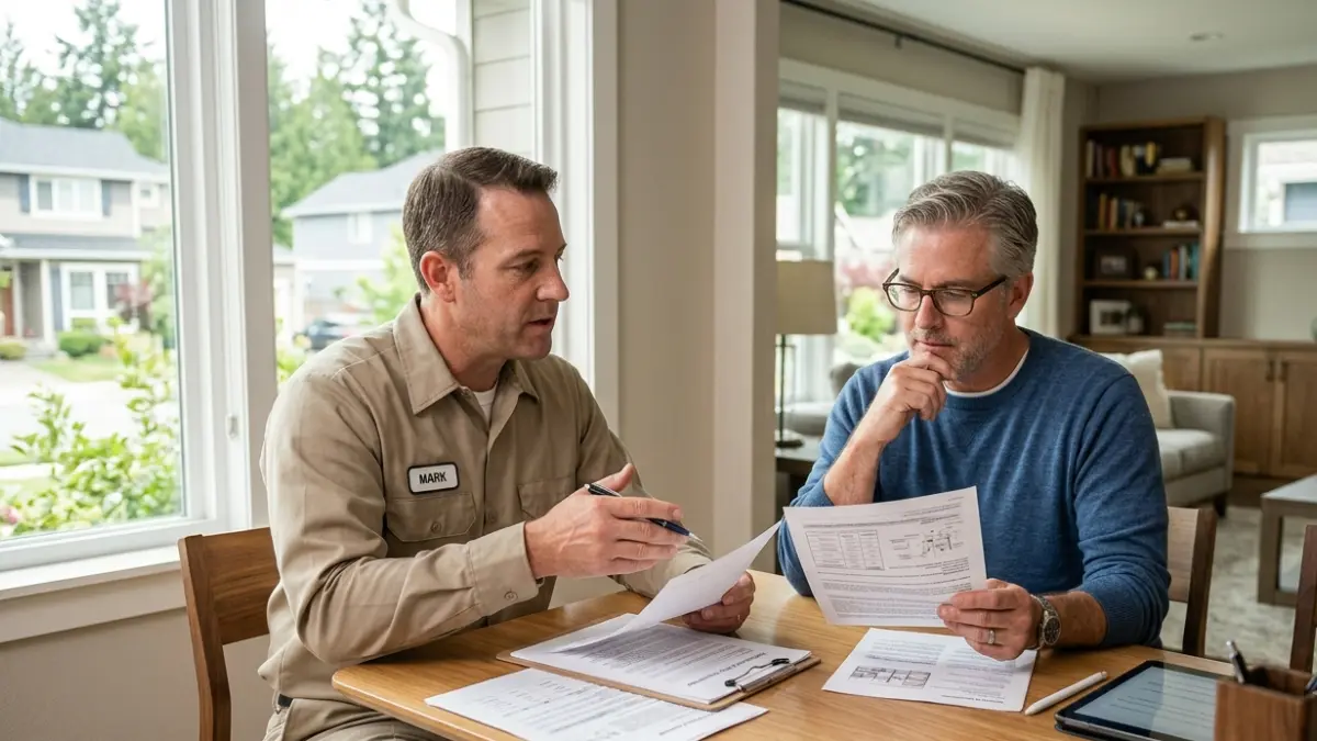 Licensed termite inspector explaining termite bond service agreement options to a homeowner during a home consultation