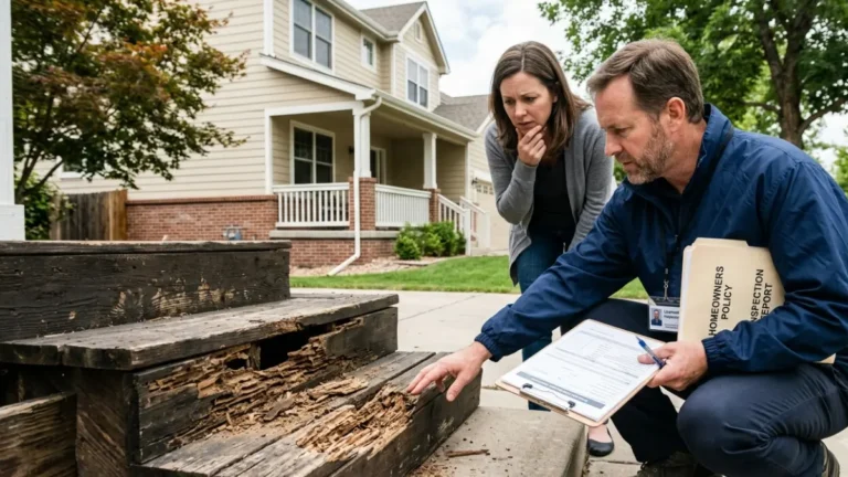 Insurance inspector examining termite damage at the entrance of an American home during a homeowners insurance inspection