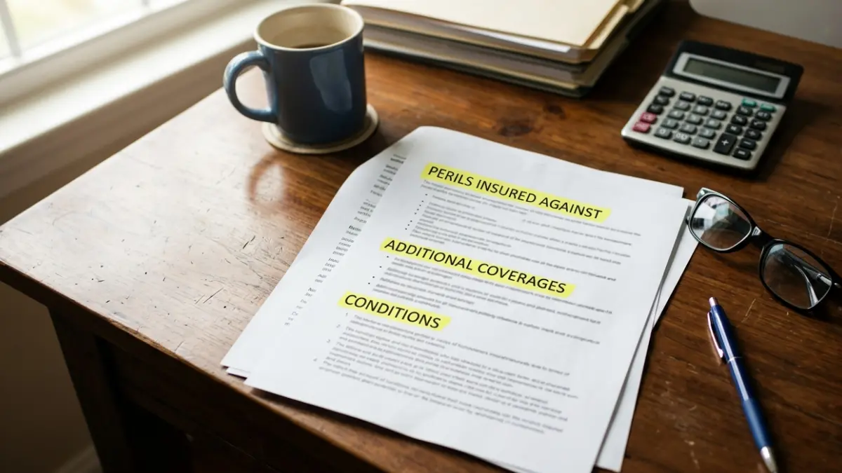 Homeowners insurance policy documents explaining termite damage coverage and policy provisions on a desk