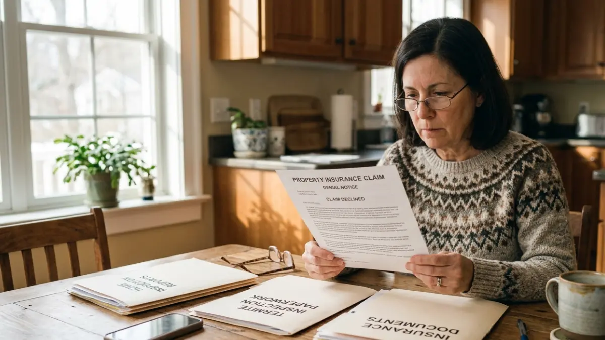 Homeowner reviewing an insurance claim denial letter after discovering termite damage in the home
