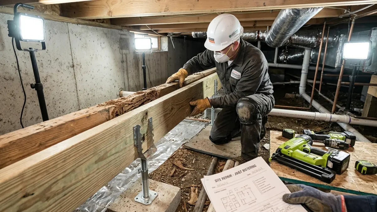 Termite damage repair with a contractor replacing a damaged floor joist inside a residential crawl space using new structural lumber.