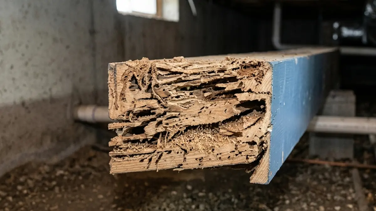 Termite damage repair showing hidden internal termite galleries inside a wooden floor joist while the exterior surface remains mostly intact.
