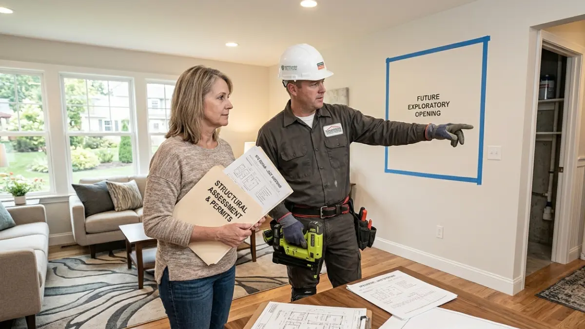 Termite damage repair planning meeting between a homeowner and contractor reviewing structural assessment documents before opening walls.