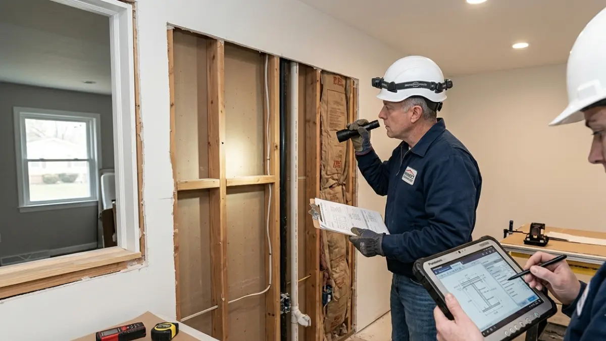 Termite damage repair structural assessment performed by licensed professionals after opening an interior wall to inspect framing.