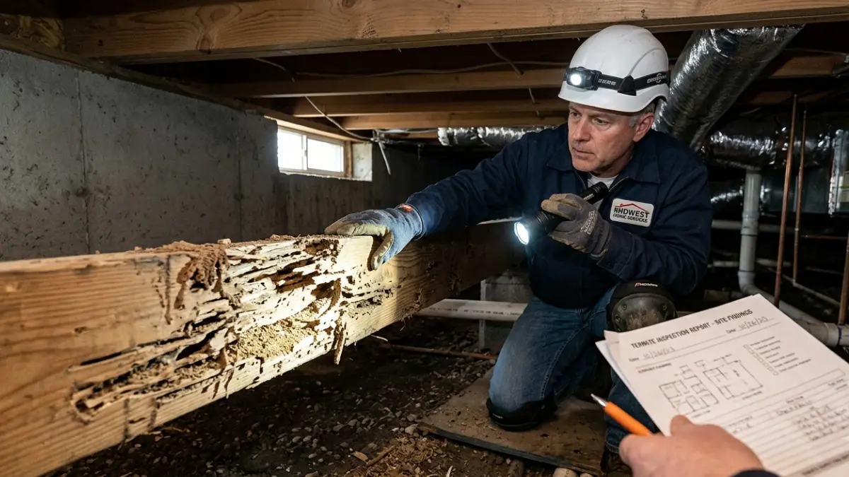 Termite damage repair inspection inside a residential crawl space showing a contractor examining damaged floor joists after a termite inspection report.