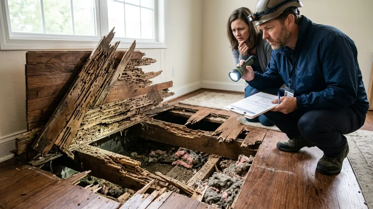 Hidden termite damage causing a structural floor collapse while a home inspector documents the damage