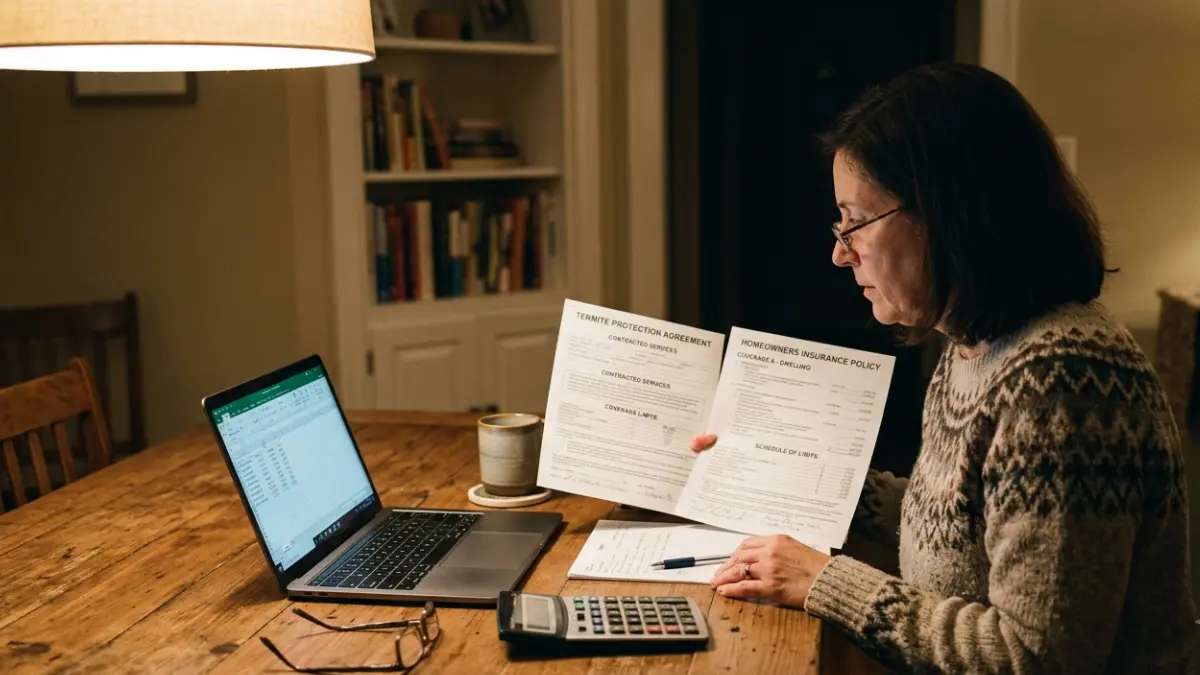 Homeowner comparing termite bond and homeowners insurance documents for termite damage coverage