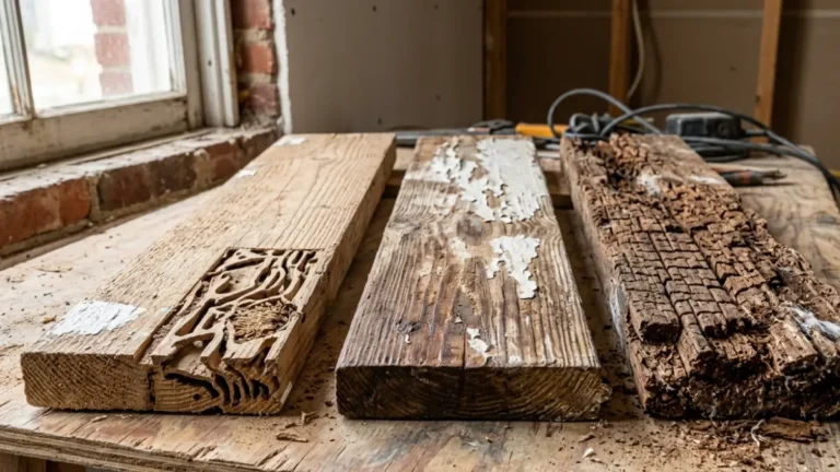 Termite Damage compared with water damage and wood rot on residential wood showing the key visual differences side by side