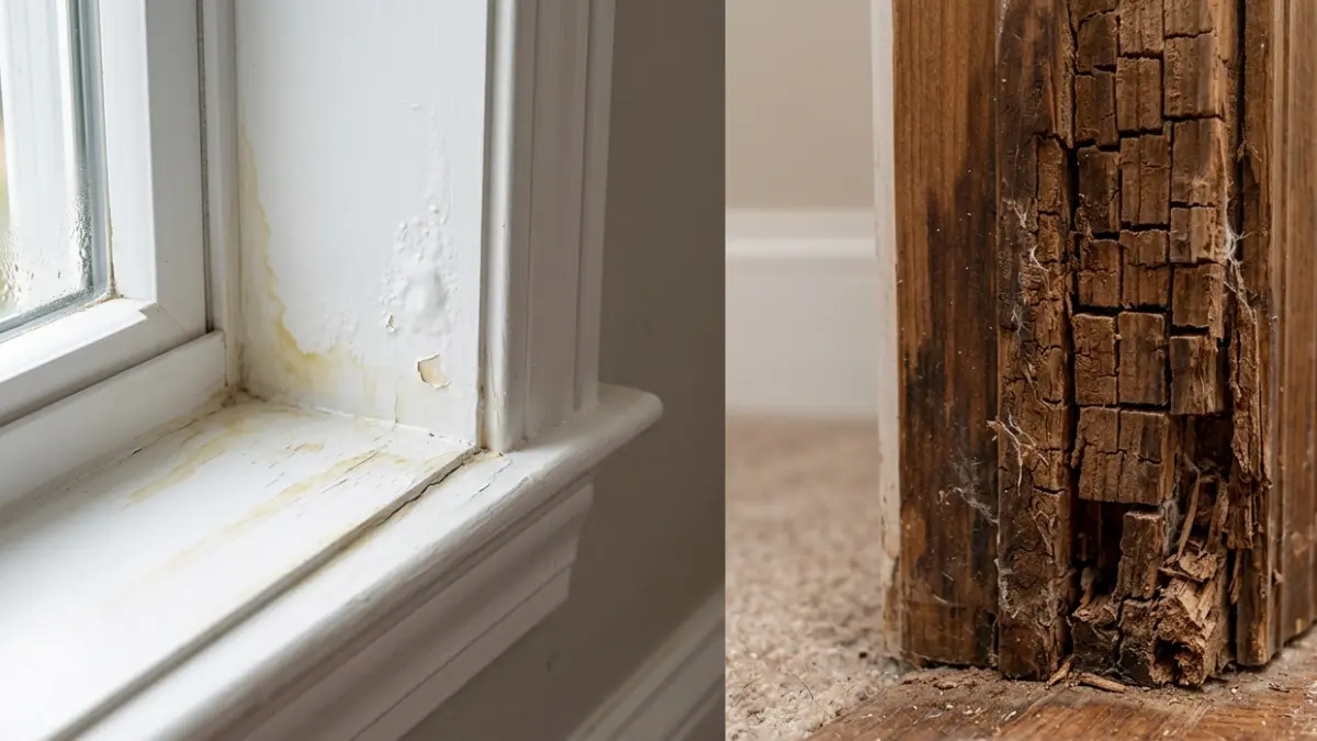 Termite Damage compared with water damage and wood rot showing staining, fungal decay, and internal termite galleries