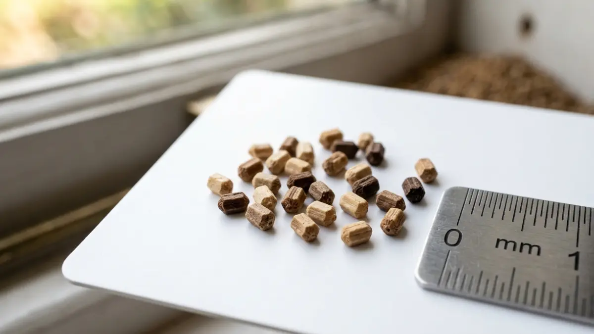 Close-up of Termite Frass showing six-sided drywood termite pellets beside a millimeter ruler for size comparison