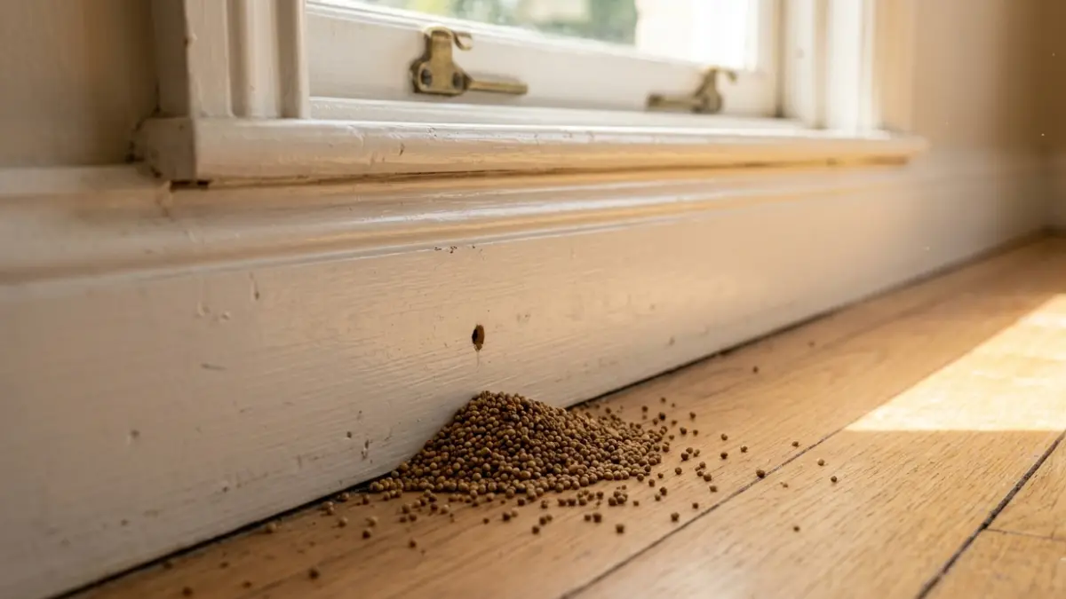 Termite Frass found beneath a wooden baseboard where drywood termites pushed pellets through a kick-out hole