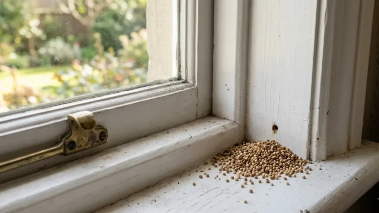 Termite Frass piled beneath a tiny kick-out hole on a wooden windowsill inside a residential home