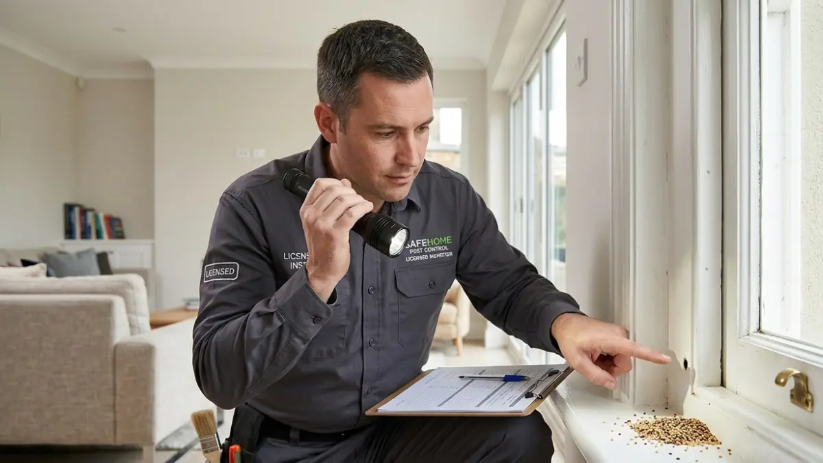 Professional pest inspector examining Termite Frass near a wooden window frame during a residential termite inspection