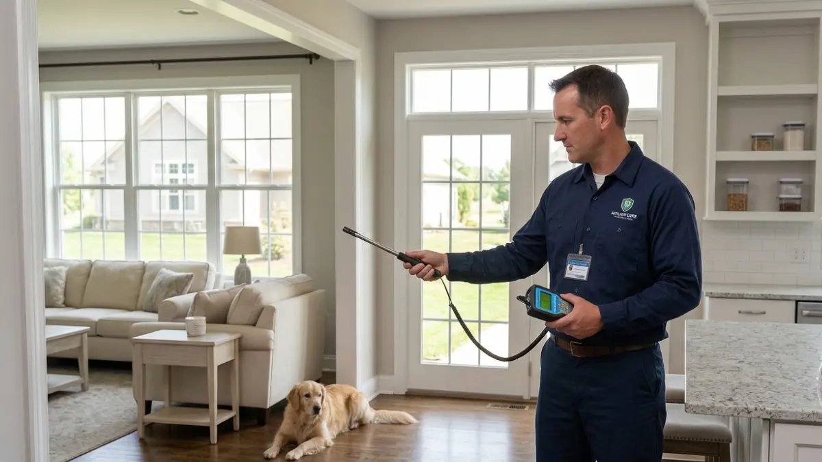 Termite Fumigation technician performing post-treatment clearance testing with a calibrated gas monitoring device before homeowners return.