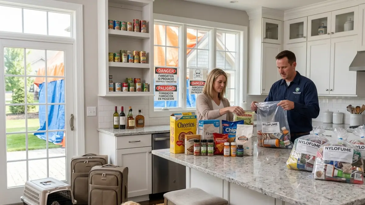 Termite Fumigation preparation with homeowners safely bagging food, medications, and household items before leaving the property.
