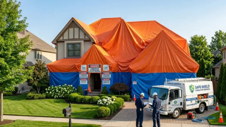 Termite Fumigation showing a suburban American house completely covered with fumigation tarps during a professional whole-house termite treatment.