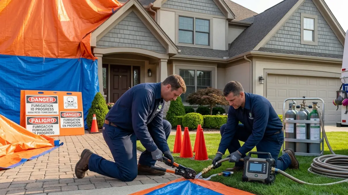 Termite Fumigation technicians carefully sealing protective tarps around a residential home before structural fumigation begins.