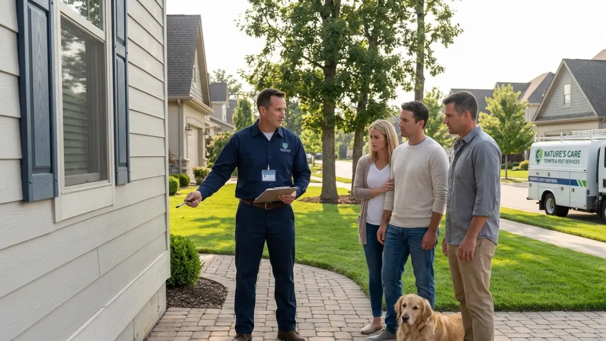 Termite Fumigation consultation with a licensed termite inspector explaining treatment options to homeowners outside their house.