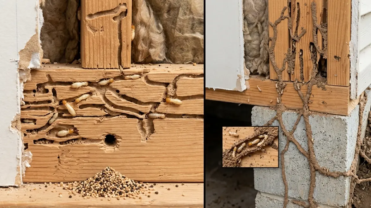 Termite Heat Treatment comparison showing drywood termites inside wood and subterranean termites using mud tubes from the soil