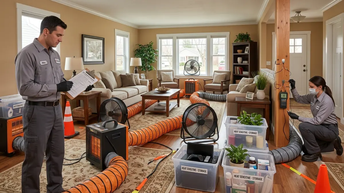 Home prepared for Termite Heat Treatment with industrial heaters, circulation fans, and heat-sensitive belongings safely removed