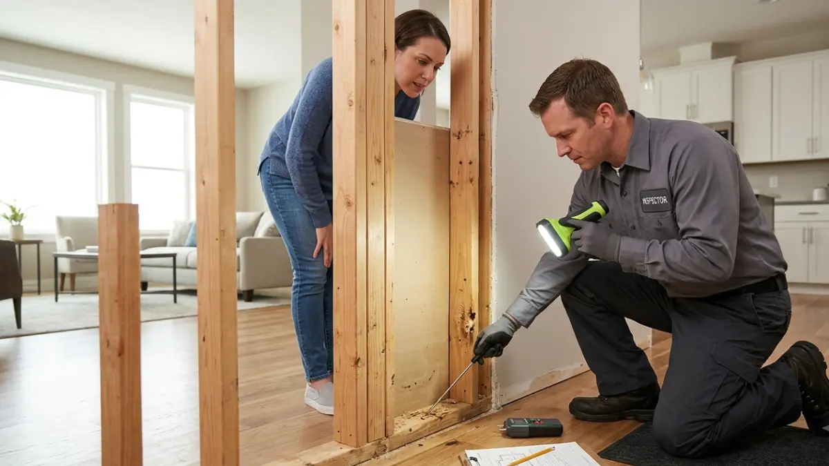Licensed inspector performing a Termite Heat Treatment evaluation during a professional WDO inspection inside a residential property