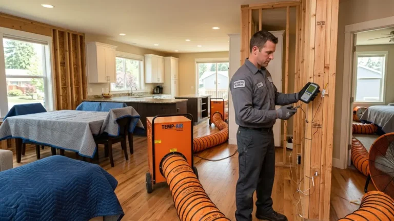 Professional Termite Heat Treatment being performed inside a modern home using industrial heaters and temperature monitoring equipment