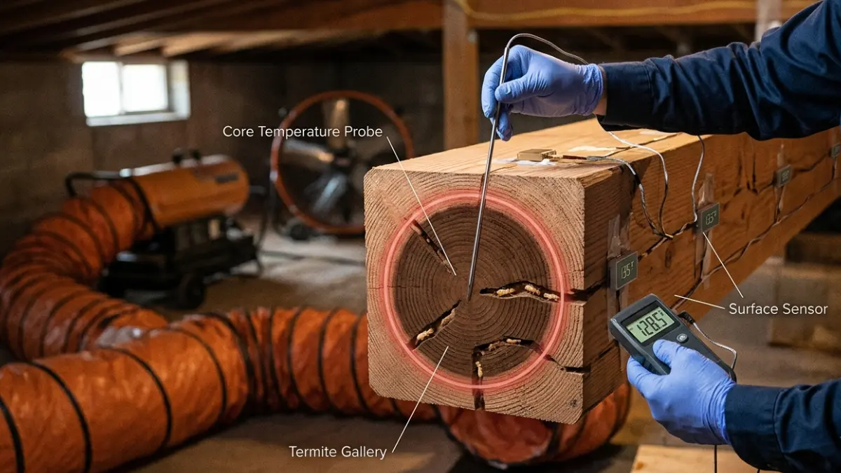 Termite Heat Treatment showing a temperature probe measuring wood core temperature inside structural timber during professional heat treatment