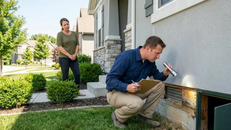 Termite Inspection Cost explained through a licensed inspector examining the foundation of a suburban home during a professional termite inspection