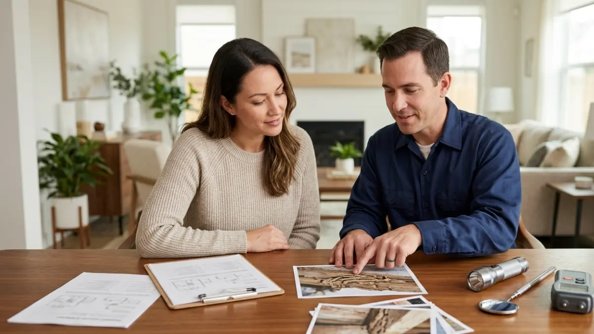 Termite Inspection Cost explained as a homeowner reviews a professional termite inspection report with a licensed inspector