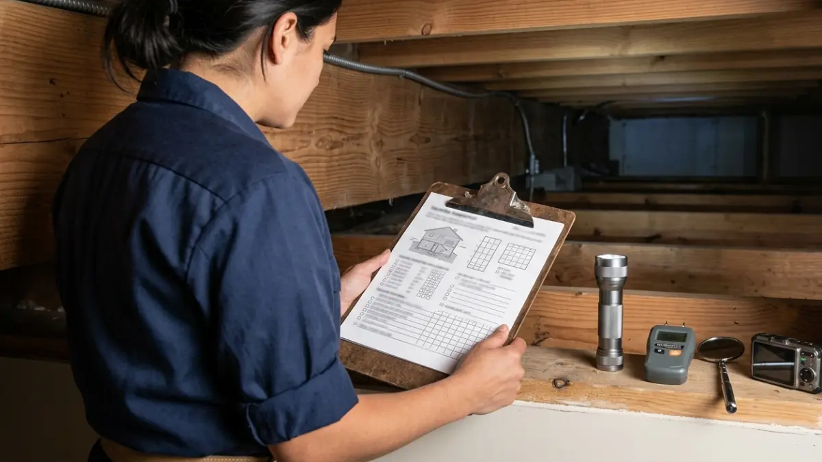 Termite Inspection Cost illustrated by a licensed inspector reviewing an official termite inspection report inside a crawl space