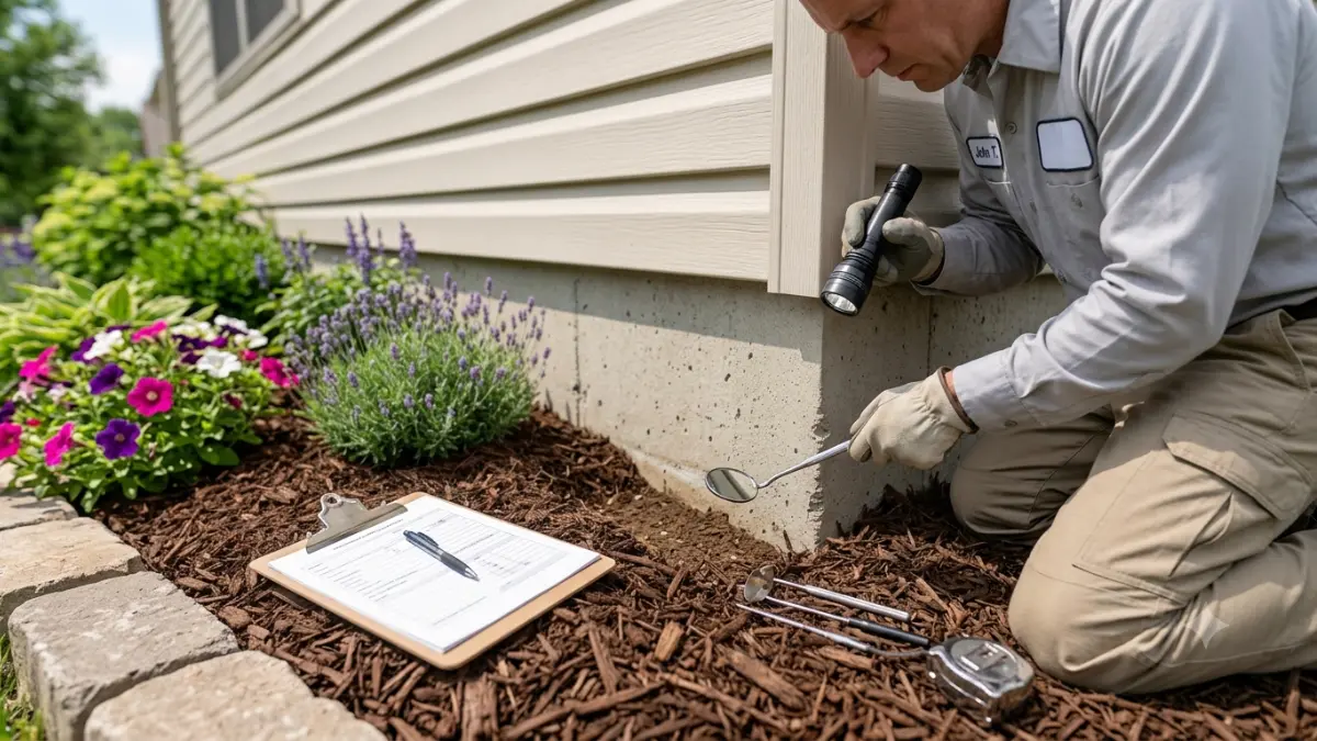 Professional termite inspector examining the foundation beside a mulch bed during an exterior inspection