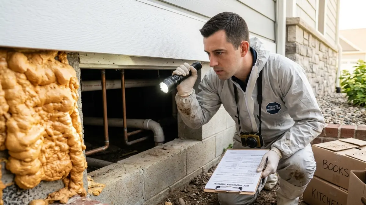 Licensed termite inspector examining an inaccessible crawl space for termite damage during a home inspection