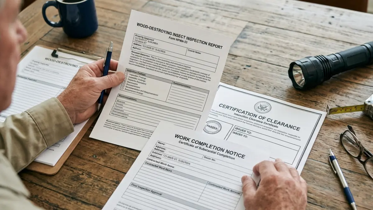 Three inspection documents that make up a termite letter placed on a desk during a property inspection