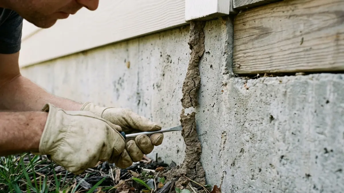 Homeowner performing the Termite Mud Tubes break test on a foundation wall