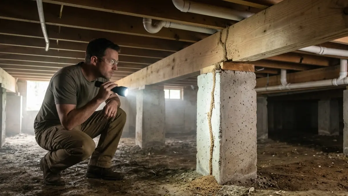 Inspecting Termite Mud Tubes inside a residential crawl space near support piers