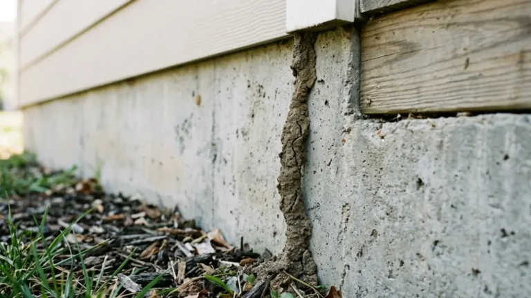 Termite Mud Tubes climbing a residential concrete foundation wall beside a wooden sill plate